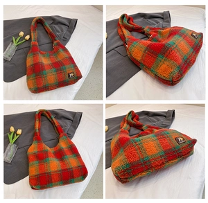 Detailed four-angle view of red and orange plaid plush tote bag with autumn texture