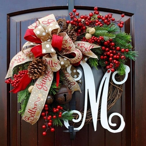 Christmas Wreath Door Hanging Decor Artificial Red Berry Pine Cones Rattan Plaid Ribbon Metal Bell Wooden Letter Ornament
