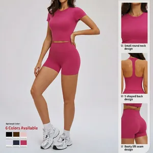 Women's seamless knit sports set with round neck crop top and high waist leggings