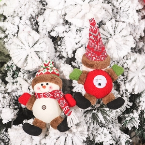LED Christmas plush snowman ornament with knitted hat hanging on a snowy Xmas tree