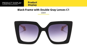 Detail of black square sunglasses with purple-grey gradient lenses and rose gold hollow arms