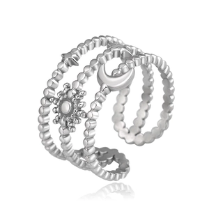 Adjustable silver stainless steel open ring with celestial star and moon patterns