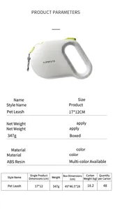 Detail view of the 17x12cm white retractable pet leash with ABS material specifications