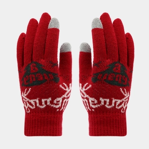 Close-up of red knit Christmas reindeer gloves with touch screen fingertips for kids