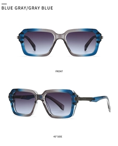 Front and side view of square aviator sunglasses with blue-gray gradient lenses