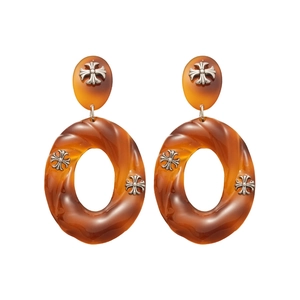 Gothic tortoise acrylic hollow round drop earrings with silver cross ornaments