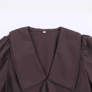 Coffee brown blouse with large puff sleeves and lace-trimmed collar on white background