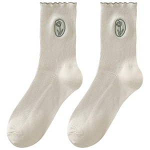 Beige cotton socks with elegant wavy lace cuffs and green tulip floral embroidery