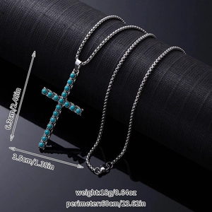 Detail view of silver cross pendant with turquoise stones and size specifications