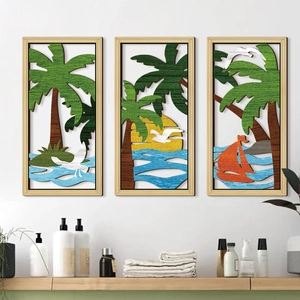 Décoration murale en bois en 3 pièces avec paysage de plage tropicale et des palmiers