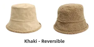 Detail of khaki bucket hat showing reversible faux suede and lamb wool fleece textures