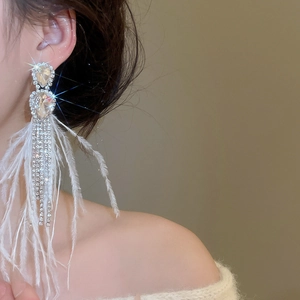 Detail of drop-shaped diamond earrings with elegant feather tassels and silver chains