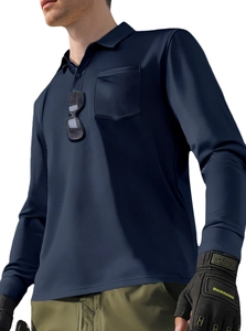 Detailed view of navy blue tactical polo shirt with bird-eye mesh and chest pocket