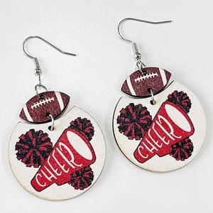 Detail of wooden cheerleader earrings with football pattern and CHEER megaphone print