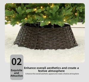 Close-up of dark brown woven rattan Christmas tree collar on white plush carpet