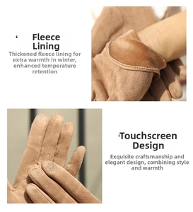 Detail view of plush lining and heart-shaped touchscreen embroidery on suede winter gloves