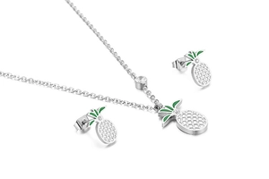 Detail of silver pineapple jewelry set with green enamel leaves and sparkling crystals