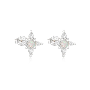 Macro view of S925 sterling silver stamp and opal center stone on sunburst stud earrings
