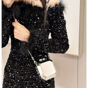 Silver geometric acrylic evening bag with mirror finish and metallic chain strap