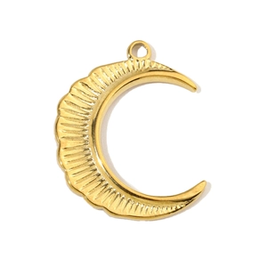 Detailed view of a golden crescent moon pendant with radiant engraved textures and loop