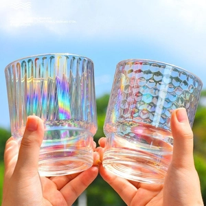 Colorful Iridescent Glass Coffee Tumbler With Straw And Lid Rainbow Striped Water Cup Elegant Drinking Glassware