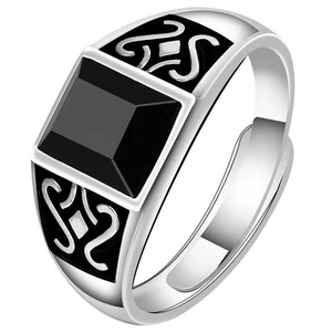 Men Vintage Totem Ring Adjustable Square Black Obsidian Stone Alloy Retro Punk Jewelry For Male