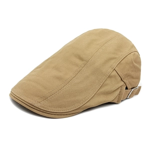 Khaki cotton flat cap for men featuring adjustable side metal buckles and fine stitching