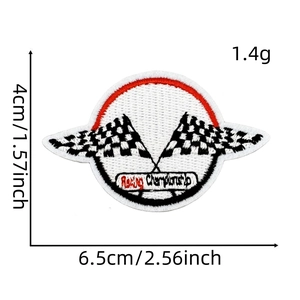 Close-up of a black and white racing championship embroidered patch sized 6.5x4cm