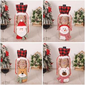Linen Christmas wine bottle covers with Santa, snowman, reindeer and bear embroidery