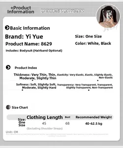 Detailed size chart for lace bodysuit showing length, bust, and weight recommendations