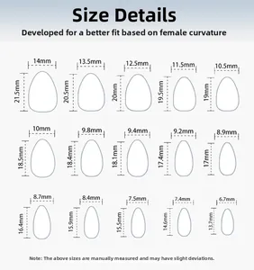 Detailed size chart for almond press-on nails with 15 sets of width and height dimensions
