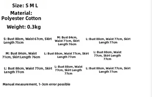 Size chart detail for white puff sleeve dress featuring bust and waist measurements