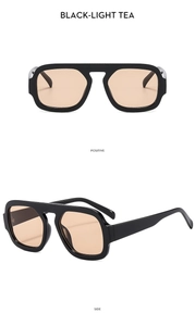 Detail view of square black full-rim sunglasses featuring light tea lenses from two angles