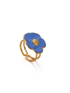 Detail of adjustable gold-plated ring with blue five-petal flower and enamel texture