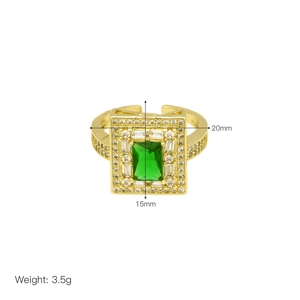 Detailed view of gold 18k plated ring with green square zircon and size measurements