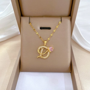 Letter D Pendant Necklace Golden Stainless Steel Chain Copper Micro Inlaid Zircon Pink Gemstone Jewelry For Women