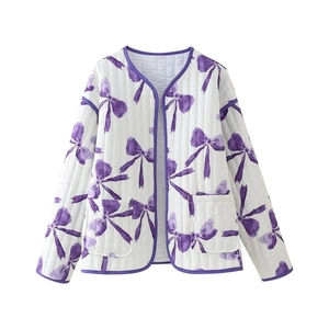 Quilted white cotton coat with purple bow patterns and piping for a cute aesthetic