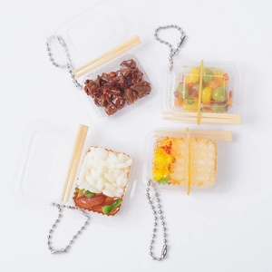 Miniature Chinese food charms set featuring rice dishes with chopsticks and keychains