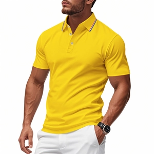 Detail of yellow short-sleeve Polo shirt featuring tri-color stripes on the collar