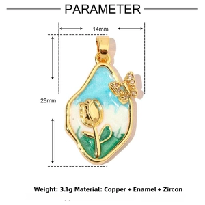 Detail of 14x28mm tulip butterfly pendant with gold copper frame and zircon accents