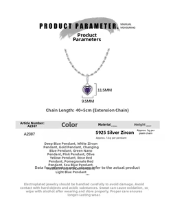 Macro detail of S925 silver heart necklace with size chart and 12 colorful gemstone options
