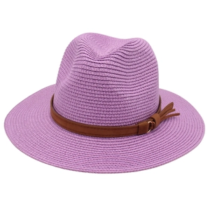 Detailed view of purple straw fedora hat featuring a brown leather belt and tassel accent