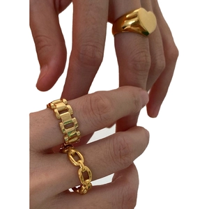 Gold vintage chain rings set including heart signet and watch strap bands for women