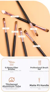 Detail of 6-piece eye makeup brush set featuring 0.06mm fiber bristles and matte handles