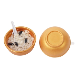 Miniature golden bowl with realistic 8宝 porridge and white spoon food play toy