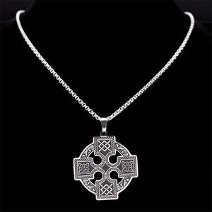 Silver Viking Celtic Cross necklace with intricate knotwork on black velvet background