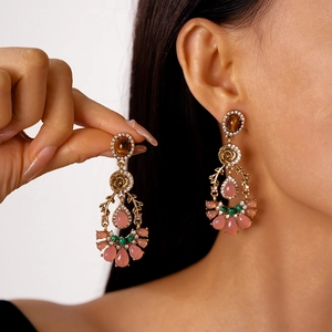 Vintage gold earrings with brown tiger eye beads and pink teardrop gems for women