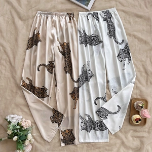 Lightweight ice silk pajama pants with leopard print pattern in loose fit style