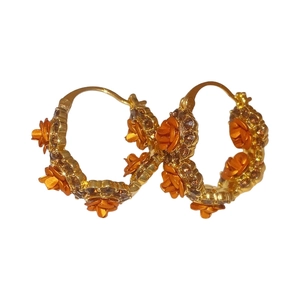 Vintage gold plated flower hoop earrings with sparkling brown crystal center stones