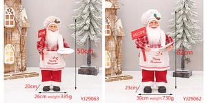 Detailed comparison of 50cm and 62cm Santa chef figurines with Merry Christmas aprons